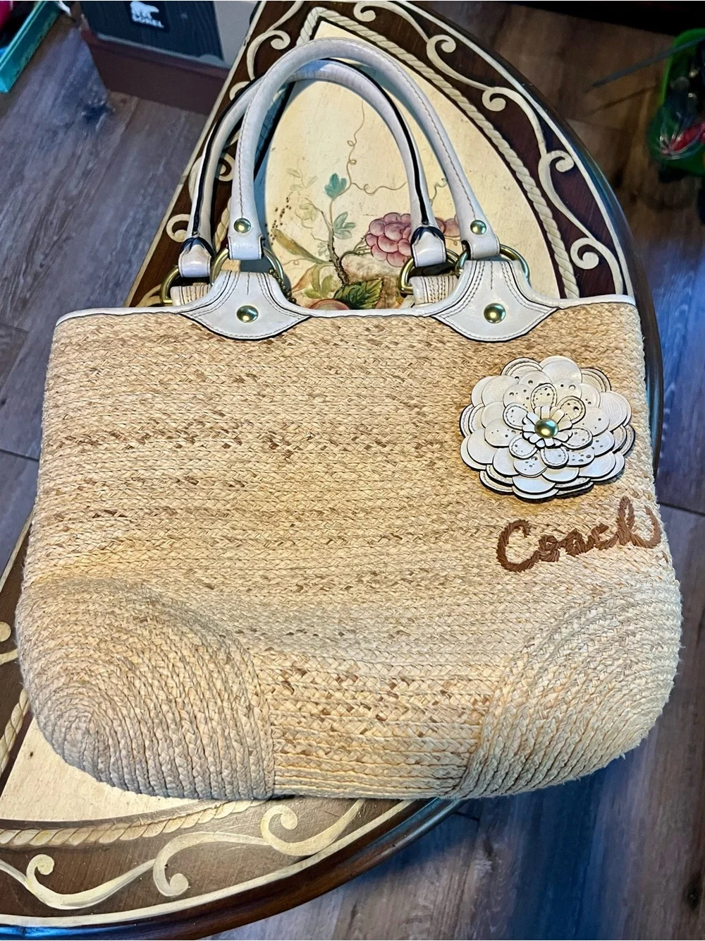 Coach Bleecker Straw Tote with White Leather Trim and Floral Accent
